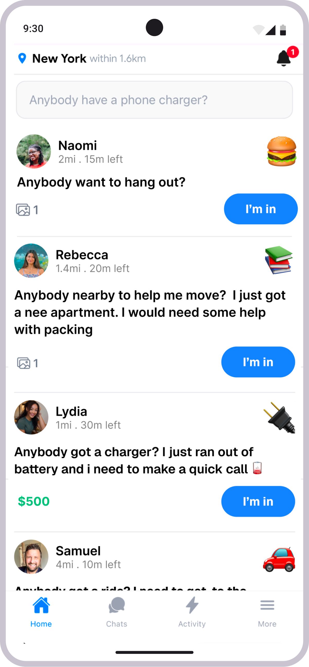 Anybody app showing nearby requests feed with posts like 'Anybody want to grab food?' and 'Anybody have a phone charger?'
