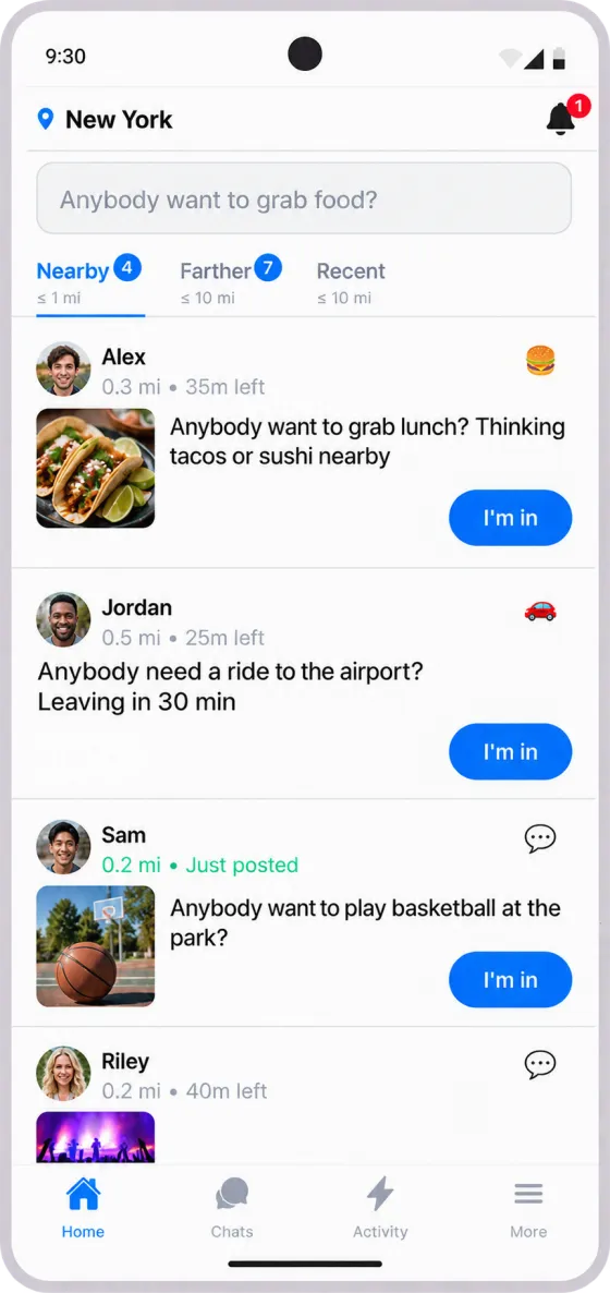Anybody app showing nearby requests feed with posts like 'Anybody want to grab food?' and 'Anybody have a phone charger?'