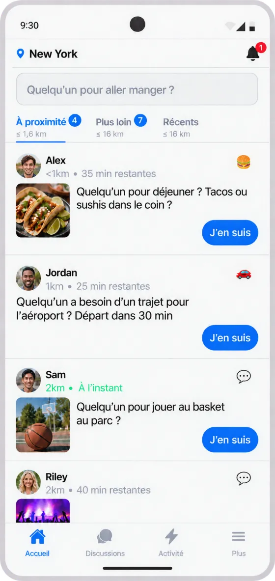 L'app Anybody affichant un fil de demandes à proximité, avec des posts comme « Quelqu'un veut manger un bout ? » et « Quelqu'un a un chargeur de téléphone ? »